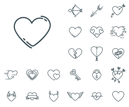 Two Hearts icon in set on the white background. Set of thin, linear and modern hearts icons. Universal linear icons to use in web and mobile app.