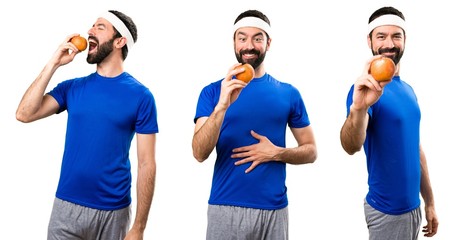 Obraz premium Set of Happy Funny sportsman holding an orange juice
