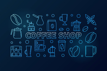 Coffee shop vector blue horizontal concept illustration