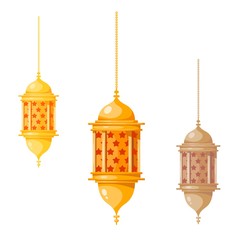 Obraz premium Ramadan Kareem multicolored lanterns, isolated on white background. Vector illustration