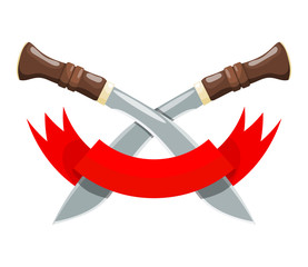Militant sign - two crossed long knives with a red ribbon on a white background. Vector illustration