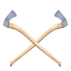 Color image of two crossed axes on a white background. The symbol is the tool of the woodcutter. Vector illustration tools of wood in the style of Cartoon