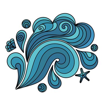 Color image of a sea wave on a white background. Vector illustration of a stylized blue wave in the style of doodle