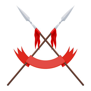 Two spears, a flag and a red ribbon on a white background. Vector illustration of a heraldic sign - crossed spears and ribbon. Cartoon illustration