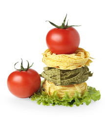 Pasta with tomatoes on a white background