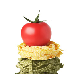 Pasta with tomatoes on a white background