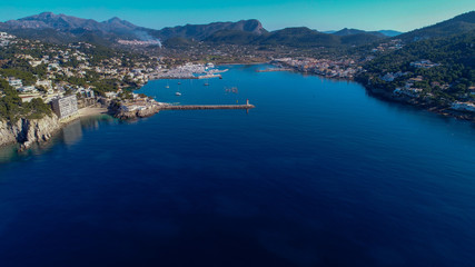 Port of Andratx, Balearic Islands, Spain 01/31/2018: aerial image of the port and the yacht club locat