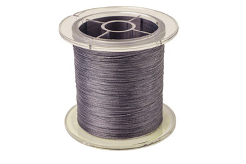 Spool of gray cord isolated on white background. Spool of braide