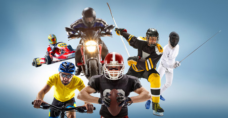 The conceptual multi sports collage with american football, hockey, cyclotourism, fencing, motor...