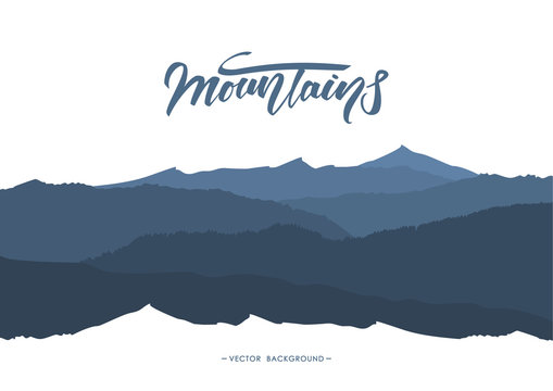 Abstract mountains background with Handwritten lettering emblem. Silhouette of landscape.