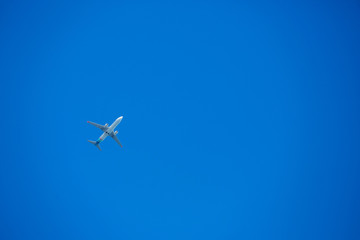 airplane on blue sky background, travel or vacation concept