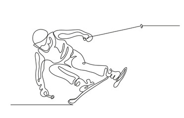 Continuous line drawing. Illustration shows a Alpine skier skiing downhill. Winter sport. Extreme. Vector illustration