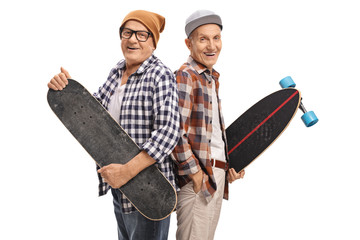 Elderly hipsters with a skateboard and a longboard