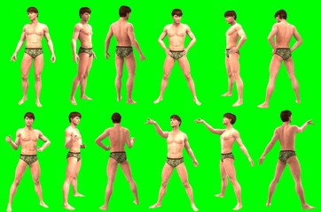 Collezione di pose di figura maschile giovane su sfondo chroma key