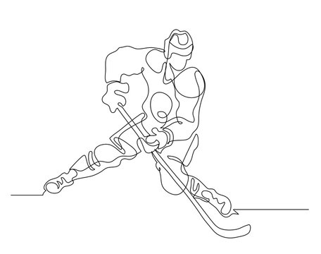 Continuous line drawing. Illustration shows a hockey player in attack. Ice Hockey. Vector illustration