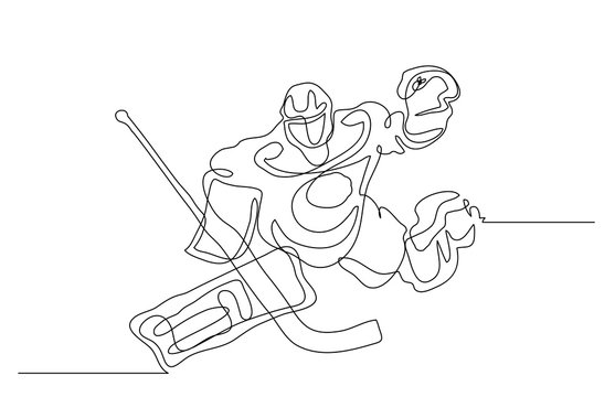 Continuous line drawing. Illustration shows a hockey goalkeeper in action. Ice Hockey. Vector illustration
