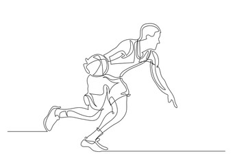 Continuous line drawing. Illustration shows a basketball player in the attack. Sport. Basketball. Vector illustration