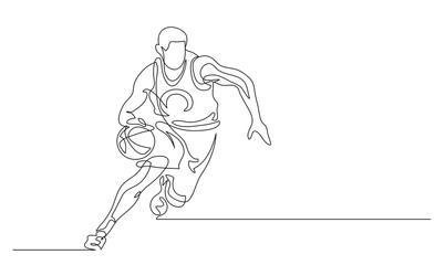 Continuous line drawing. Illustration shows a basketball player in the attack. Sport. Basketball. Vector illustration