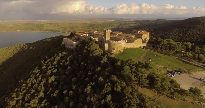 Aerial, beautiful landscape view on Populonia in Tuscany, Italy on sunset
