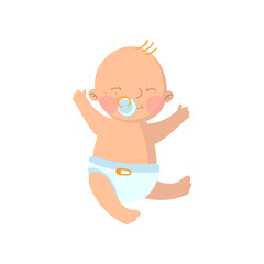 Sweet baby boy in diaper with pacifier cartoon vector Illustration