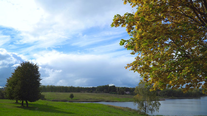 Fototapeta na wymiar Autumn landscape in the countryside, lake, sky, autumn day.Autumn maple leaves on a tree.Maple leaves against the sky. Beautiful golden autumn.