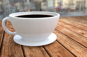 Coffee cup on wooden table. 3D rendering