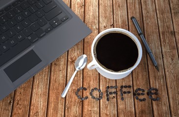 Coffee cup and notebook on wood table. 3D rendering