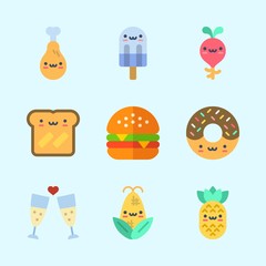 Icons about Food with chicken leg, popsicle, hamburger, pineapple, radish and toast