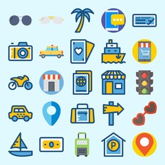 icons set about Travel. with suitcase, shop, sailboat, tree, sport bag and panel