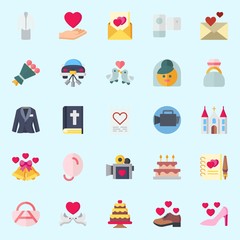 icons set about Wedding. with handbag, wedding cake, bride, love, bouquet and guests book