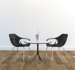 Two chairs and Dining table, wooden floor and whitte wall. 3D rendering