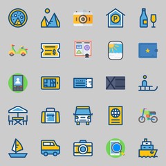 icons set about Travel. with pyramids, van, scooter, travel bus, ship and terrace