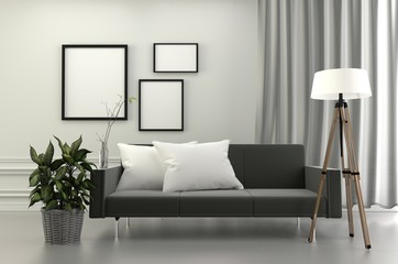 Living Room Interior - frame lamp and sofa pillows ,plants wooden on wall background. 3D rendering