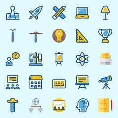 icons set about School And Education. with utensils, school, test tube, set square, startup and missile