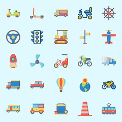 icons set about Transportation. with garage, car, motorbike, direction sing, bus and van