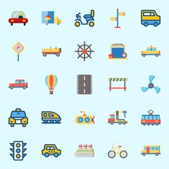 Icons set about Transportation with road sing, train, road, submarine, van and bicycle
