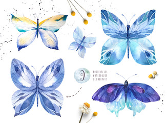 Naklejka na ściany i meble Set of watercolor boho butterfly. Vintage summer isolated spring art. Watercolour illustration. design wedding card, insect, flower beauty banner. Bohemian decoration.