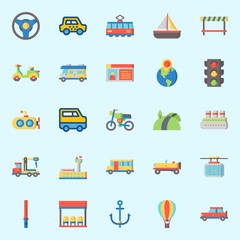 icons set about Transportation. with car, steering wheel, stick, airport, scooter and road block