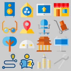 Icon set about Real Assets with keywords skyline, up, maps and flags, wheelbarrow, trees and reading glasses