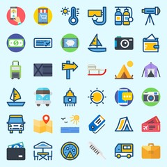 Icons about Travel with tag, sun, telescope, photo camera, skyscraper and pizza