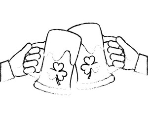 two hands holding beer glass clover foam celebration vector illustration sketch image design
