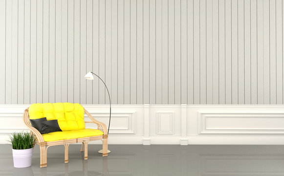 Sofa pillows lamp and plants on white living room empty. 3D rendering