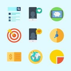 Icons about Business with clock, search, smartphone, pie chart, worldwide and check