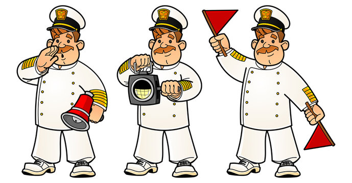 Cartoon sailors. A set of images. The captain signals the speaker, a lantern and flags.