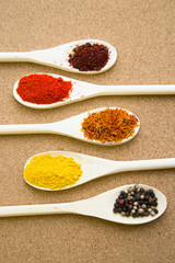 Cooking hot spicy meal. A set of four different spices in wooden spoons, corkwood background, top view