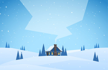 Winter snowy landscape with cartoon house with hills and smoke from the chimney.