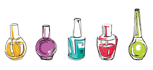 set of small bottles of different colors and blots. Red, yellow, blue, green, purple. Isolated on white background Hand-drawn illustration.