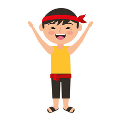 funny cartoon chinese man standing arms up vector illustration
