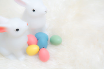 Easter eggs and Easter bunny on an Easter egg hunt