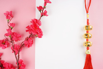 Chinese New Year background with festival decorations. Chinese characters means luck and prosperity